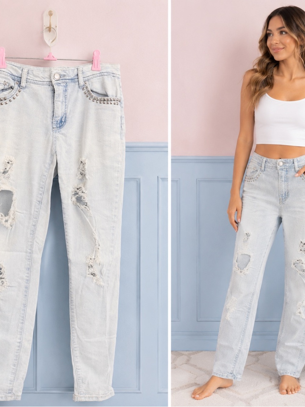 Marshalls Light Wash Distressed Boot Cut Jeans with Stud Trim